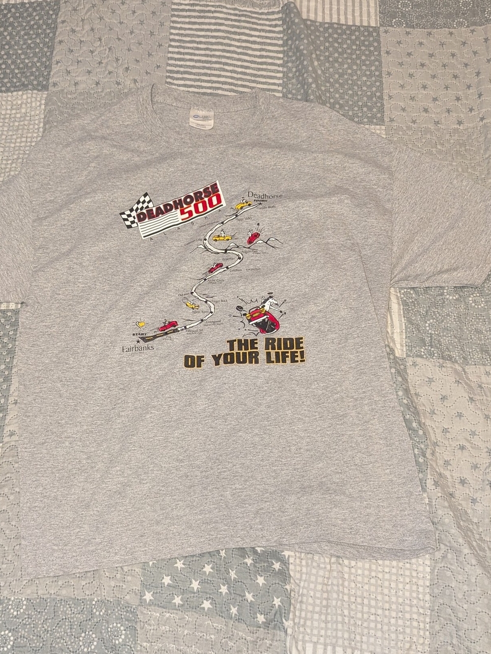 Port and Company Gray Short Sleeve Tee with Red & Yellow Race Graphic